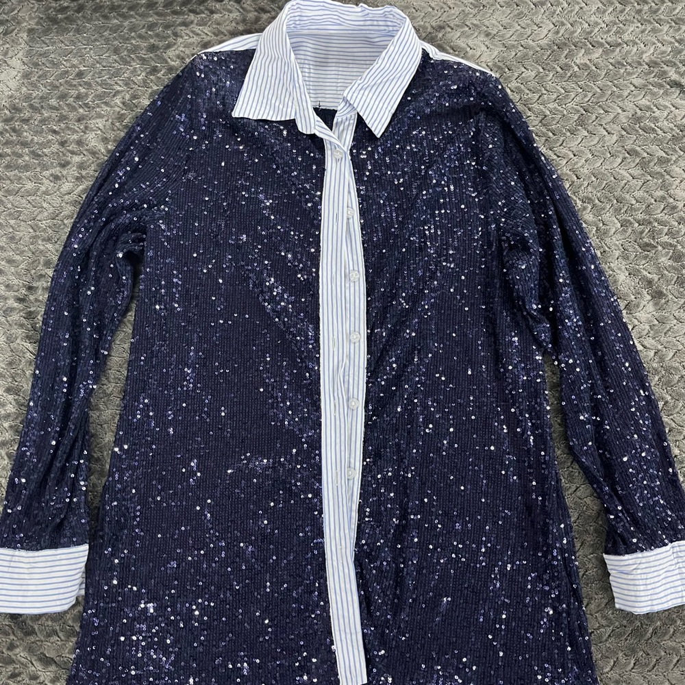 Blue sequin button up collared shirt